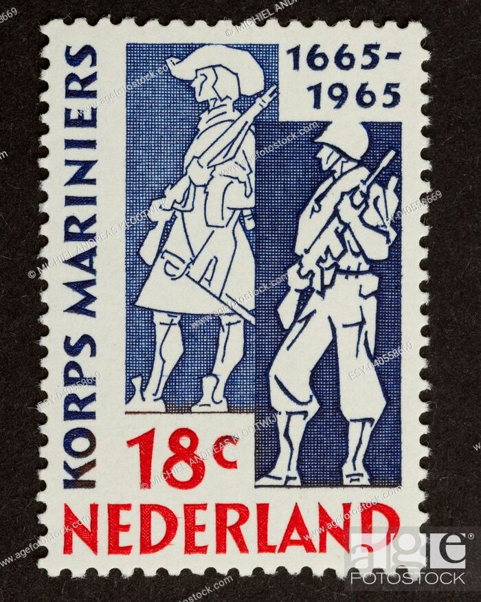 Stock Photo: HOLLAND - CIRCA 1960: Stamp printed in the Netherlands shows dutch marines in 1665 and 1965, circa 1960.