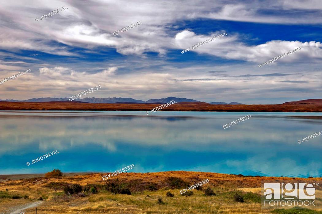 Stock Photo: Lake Pukaki fed by the Tasman River, which has its source in the Tasman and Hooker Glaciers, close to Aoraki / Mount Cook in South Island of New Zealand.