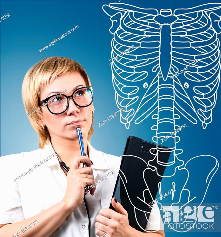 Stock Photo: Medical doctor woman thinking near drawing human skeleton, over blue background.