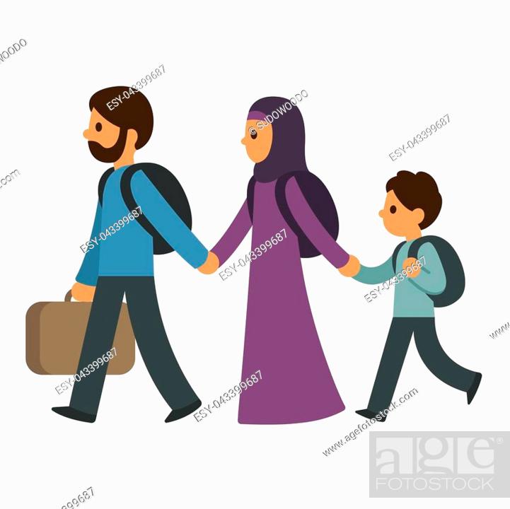 Refugee migrant family, two parents and child. Middle eastern muslim  immigrants cartoon characters..., Stock Vector, Vector And Low Budget  Royalty Free Image. Pic. ESY-043399687 | agefotostock