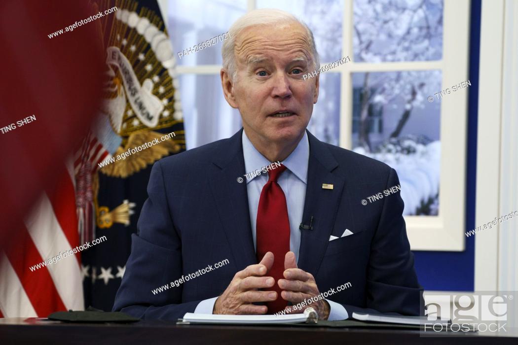 Stock Photo: United States President Joe Biden speaks while meeting with members of the White House Covid-19 Response Team at the Eisenhower Executive Office Building in.