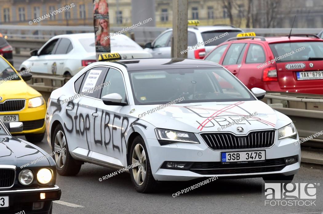 Stock Photo: ***FILE PHOTO*** Taxi drivers circle about the Prague city centre, Czech Republic, on Thursday, February 8, 2018. Association of Czech Taxi Drivers organises.