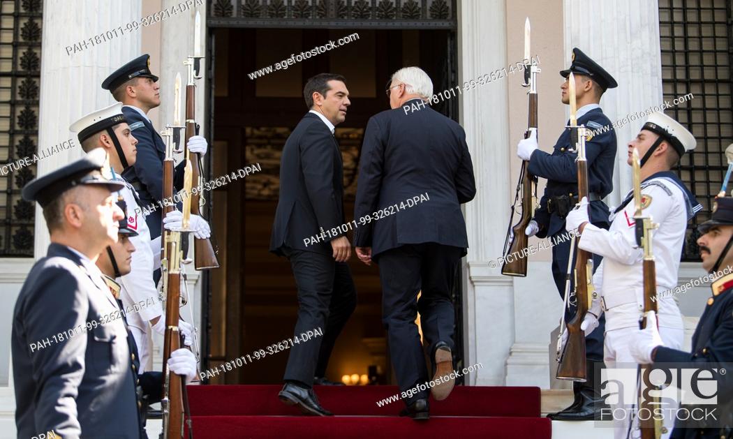 Stock Photo: 11 October 2018, Greece, Athens: Federal President Frank-Walter Steinmeier (r) and Alexis Tsipras, Prime Minister of Greece.