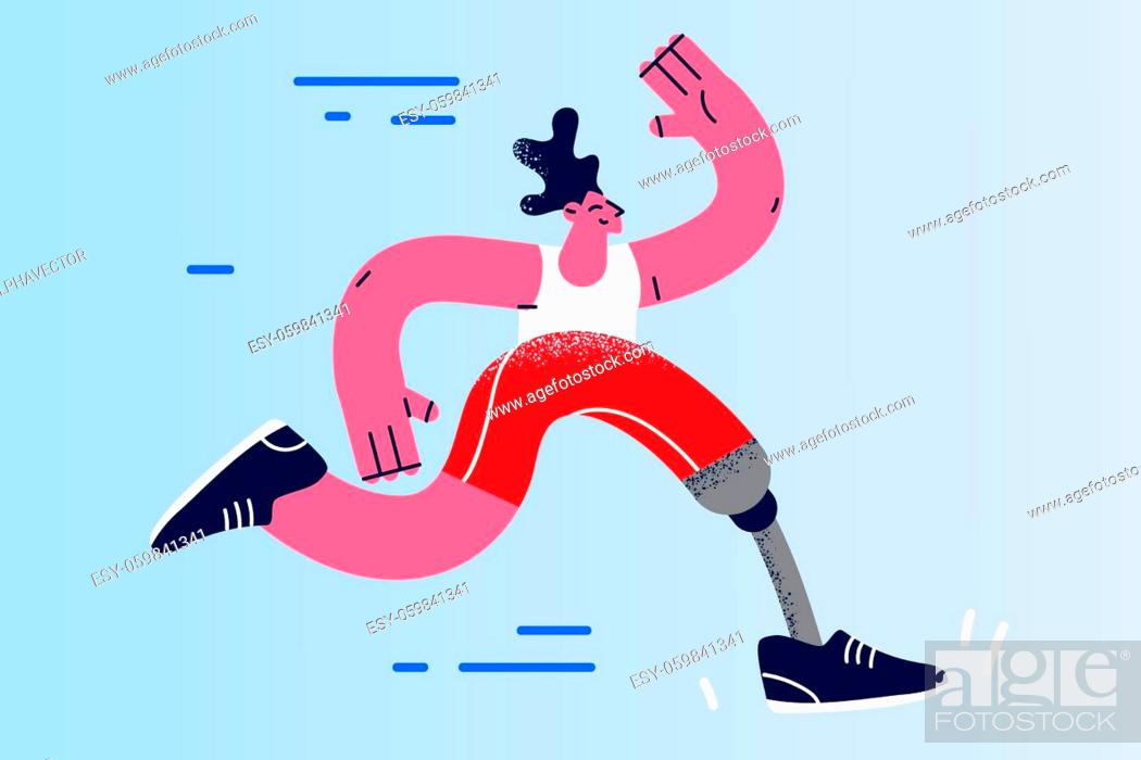 Stock Photo: Physical disability and active lifestyle concept. Happy young disabled man running jogging feeling free and confident in his lifestyle and self esteem vector.