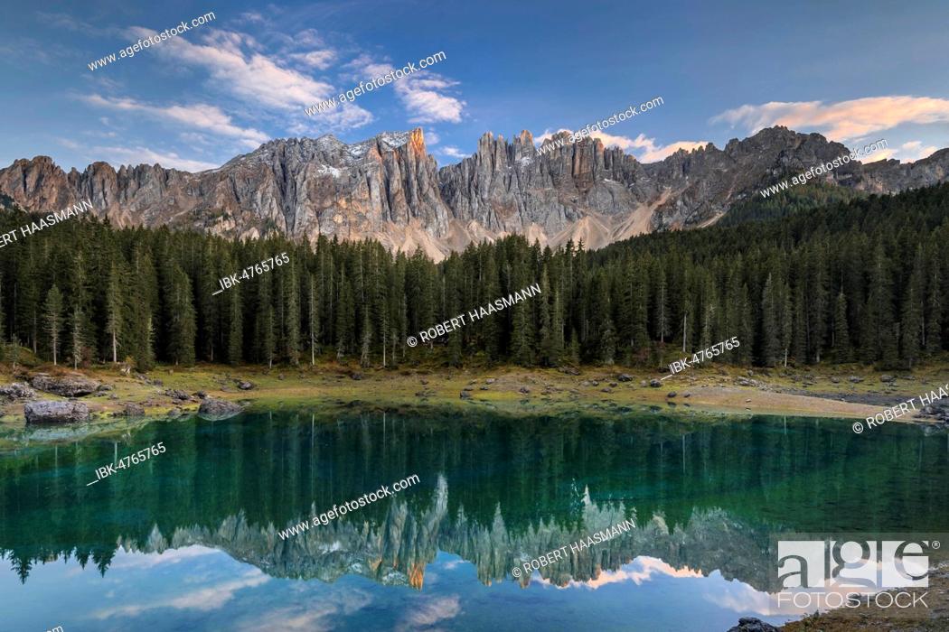 Stock Photo: Lake Karersee, Lago di Carezza, Latemar, Dolomites, South Tyrol, Italy.