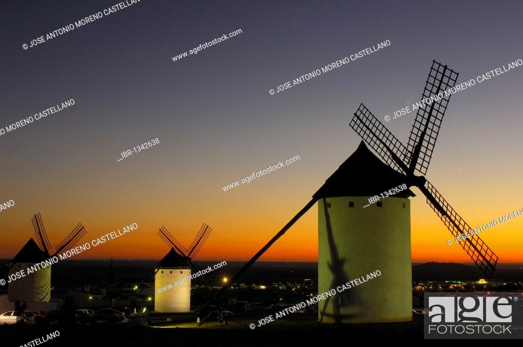 Stock Photo: Windmill at sunset, Campo de Criptana, Ciudad Real province, Ruta de Don Quijote, Castilla-La Mancha, Spain, Europe.
