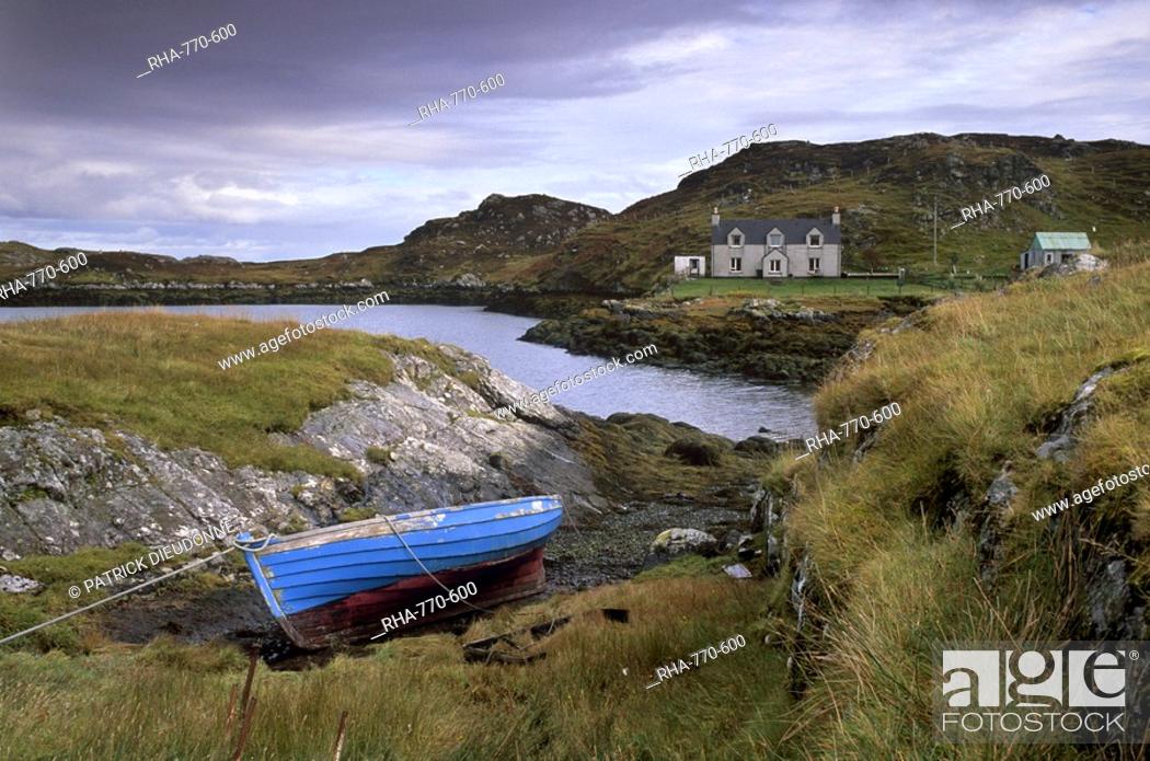 Stock Photo: Blue boat and house, Ardslave, east coast of South Harris, Outer Hebrides, Scotland, United Kingdom, Europe, Europe.