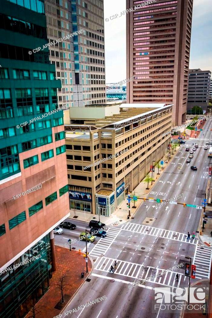 Stock Photo: View of skyscrapers along Lombard Street from a parking garage in Baltimore, Maryland.