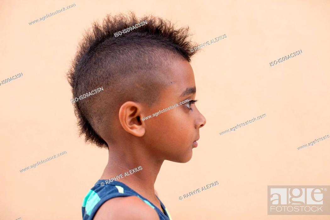 Portrait of boy with mohawk hairstyle, side view, Stock Photo, Picture And  Royalty Free Image. Pic. ISO-IS09AC3SN | agefotostock