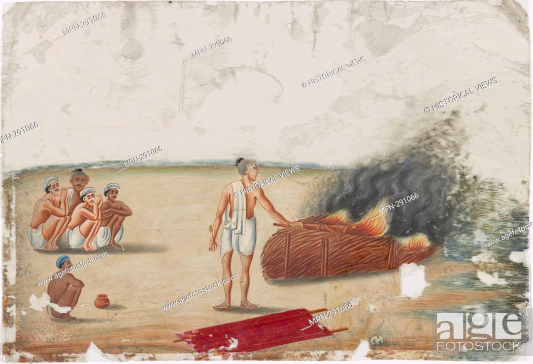 Stock Photo: Funeral pyre set afire by male servant in white dhoti, 5 seated servants observing. Indian coloured drawings: a collection of 177 original paintings on ""talc.