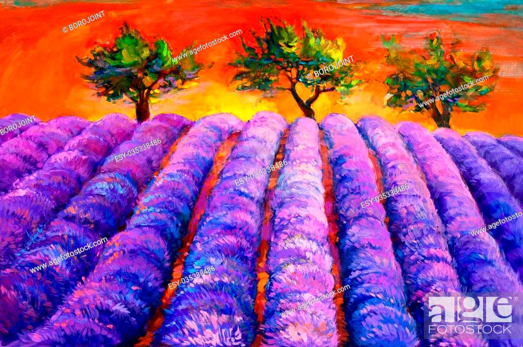 Original oil painting of lavender fields and trees on canvas 