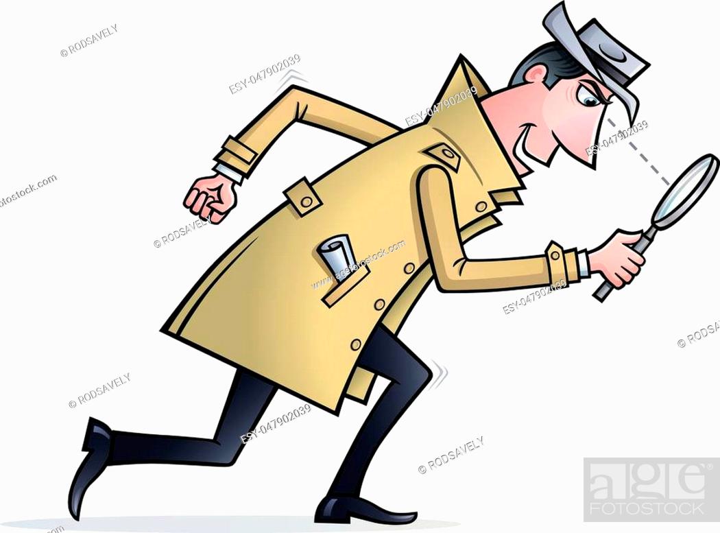 Cartoon of a detective type character in trench coat and hat looking for  clues with a magnifying..., Stock Vector, Vector And Low Budget Royalty  Free Image. Pic. ESY-047902039 | agefotostock