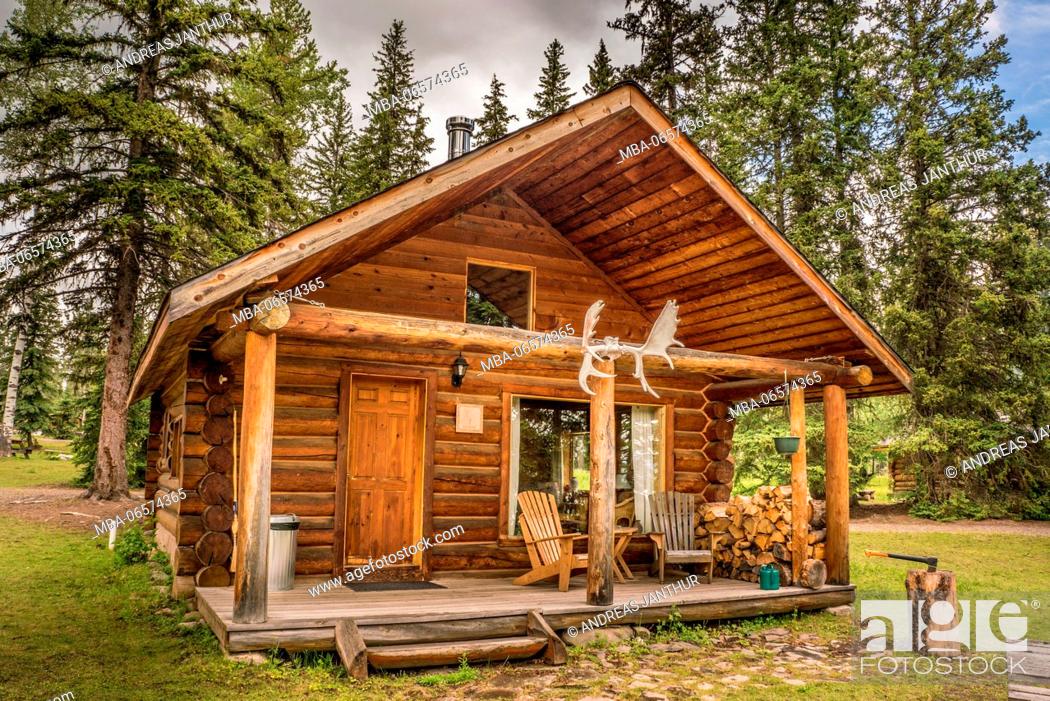 Savvy Lodge Transient Log cabin from outside with antlers and firewood stack, British Columbia,  Canada, Stock Photo, Picture And Rights Managed Image. Pic. MBA-06574365 |  agefotostock