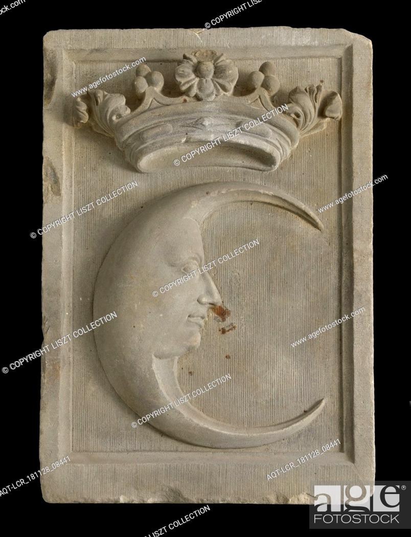 Stock Photo: Facade stone, crowned crescent with human face and profile, facing sculpture sculpture material building component sandstone stone.