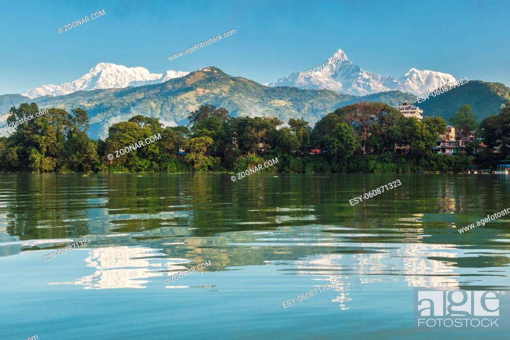 Stock Photo: The Machapuchare and Annapurna range seen from Phewa Lake in Pokhara, Nepal.