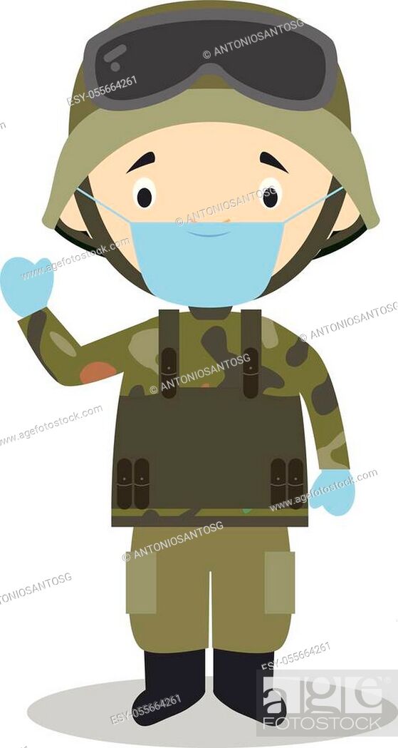 Cute cartoon vector illustration of a soldier with surgical mask and latex  gloves as protection..., Stock Vector, Vector And Low Budget Royalty Free  Image. Pic. ESY-055664261 | agefotostock