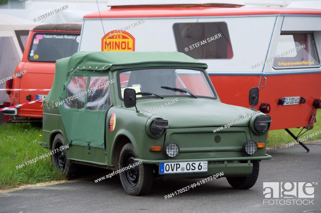 Stock Photo: A Trabant 601 Kuebel, used in the East German Army, can be seen on the premises of the International Trabant Gathering in Anklam, Germany, 24 May 2017.