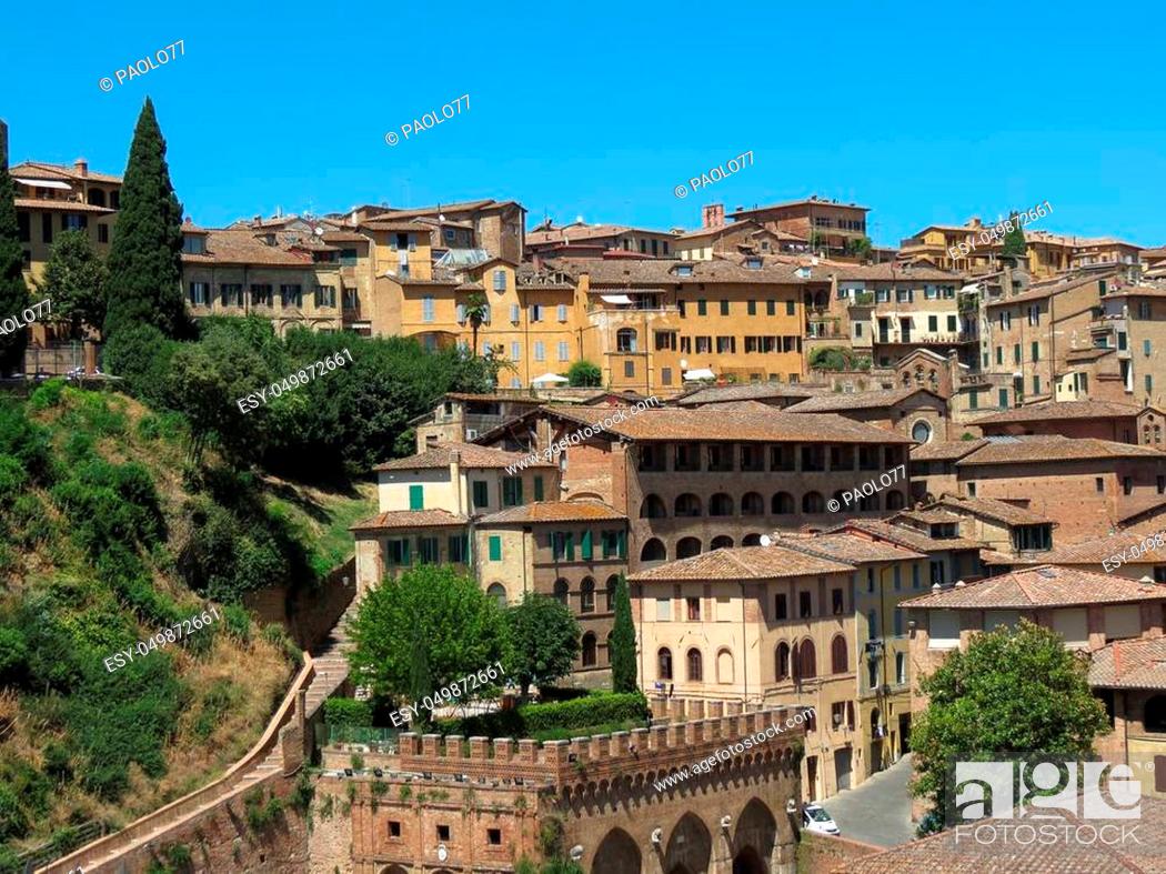 Stock Photo: View of the old city centre in Siena, Italy, with the Fonte Branda.