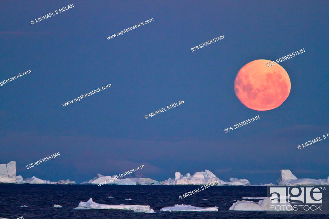 Stock Photo: Full moon plus 1 day rising over icebergs in the Weddell Sea, Antarctica MORE INFO This moonrise occurred on January 1, 2010.