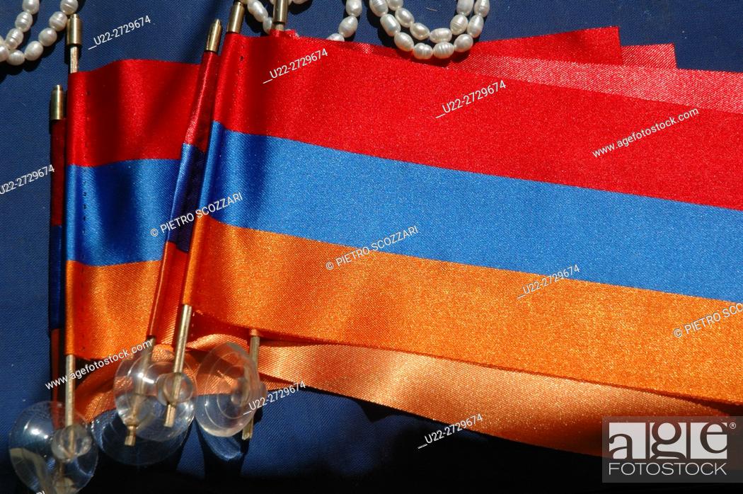 Stock Photo: Yerevan, Armenia: Armenian flags sold at the Vernissage market.