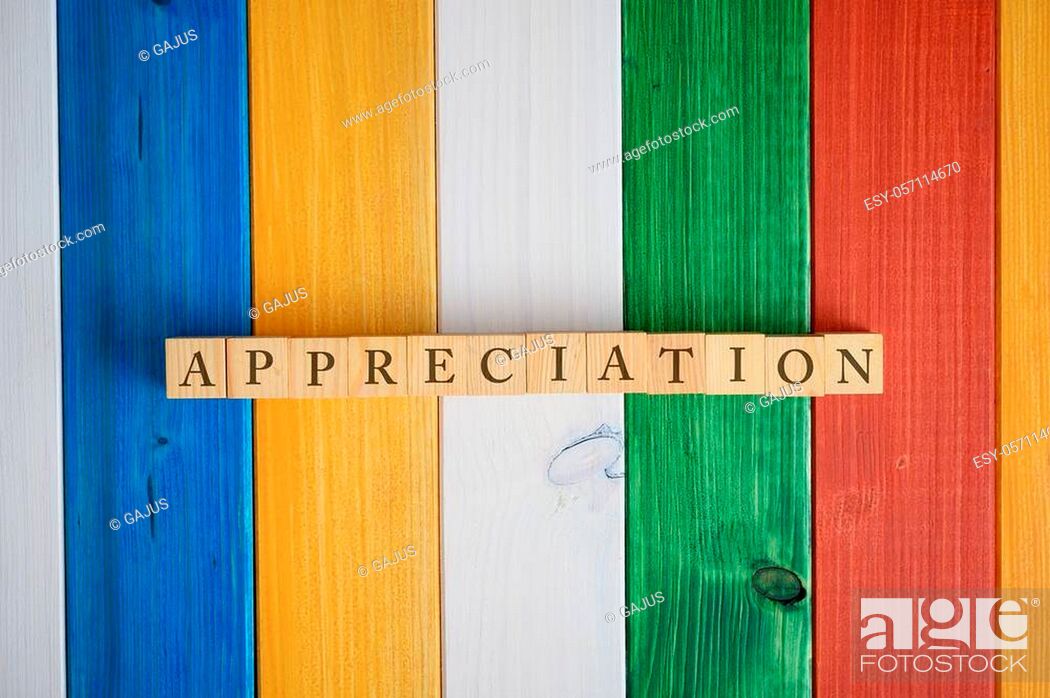 Photo de stock: Top view of the word Appreciation spelled on wooden cubes with a background of colorful wooden planks.