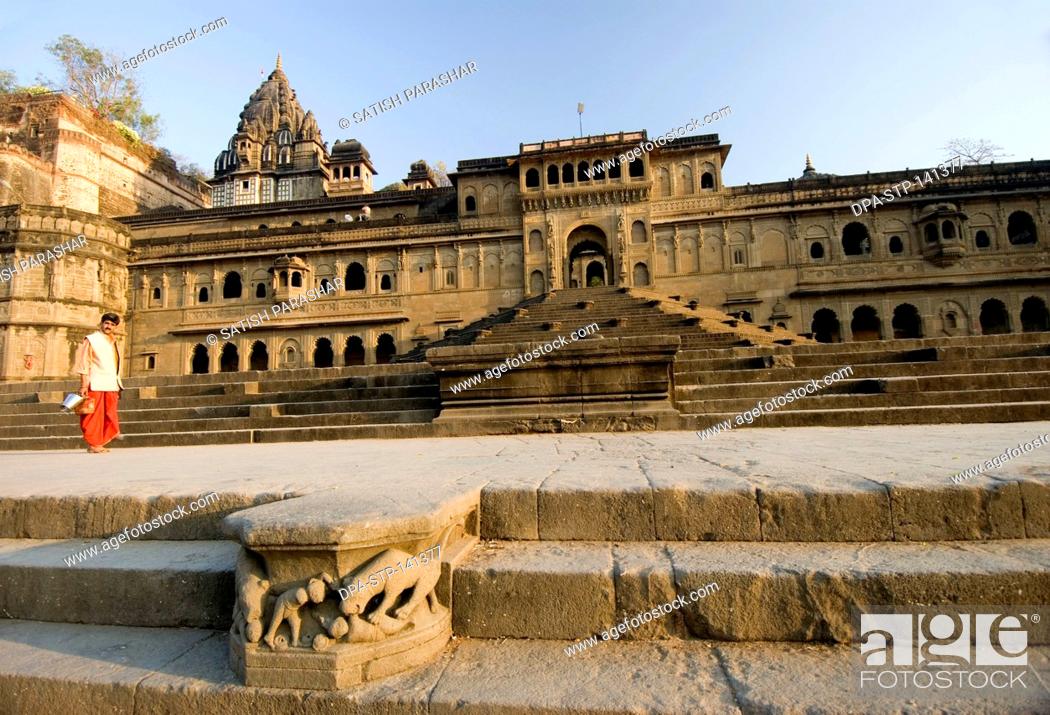 Stock Photo: Maheshwar ghat temple fort and palace on the bank of river Narmada ; Madhya Pradesh ; India.