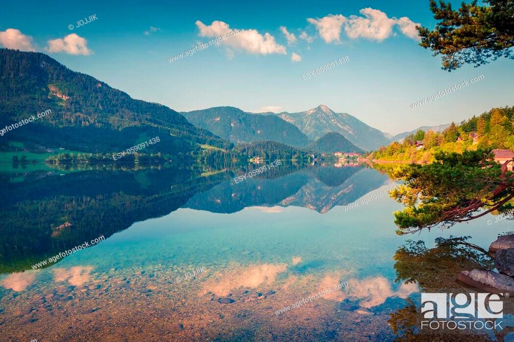 Stock Photo: Sunny morning landscape on Grundlsee lake. Beautiful summer view of Gessl village, Liezen District of Styria, Austria, Alps. Europe.