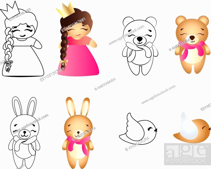 drawing of a cartoon cute toy baby girl, bear, bunny and bird - in color  and line art, Stock Vector, Vector And Low Budget Royalty Free Image. Pic.  ESY-051367681 | agefotostock