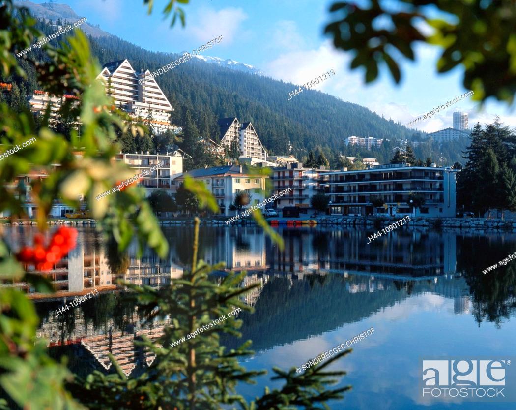Stock Photo: Switzerland, Europe, Valais, Crans Montana, tourism, travel, Lac Grenon, lake, summer, hotel, wood, forest, reflection.