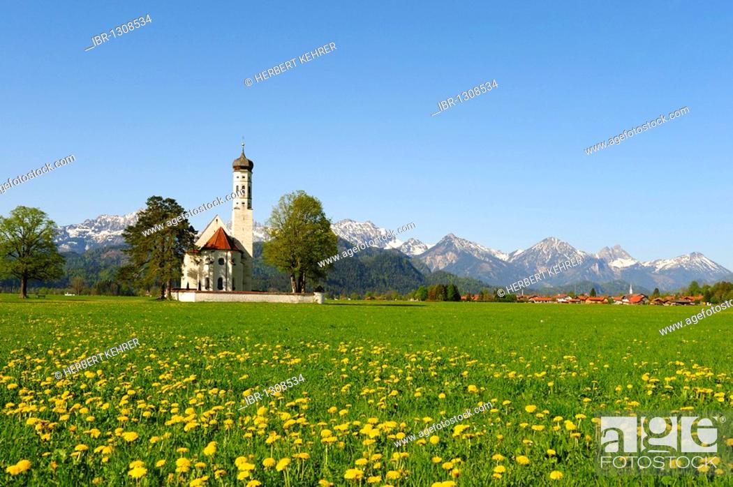 Stock Photo: Pilgrimage Church of St. Coloman near Fuessen, Thannheim Mountains, spring, East Allgaeu, Allgaeu, Bavaria, Germany, Europe.