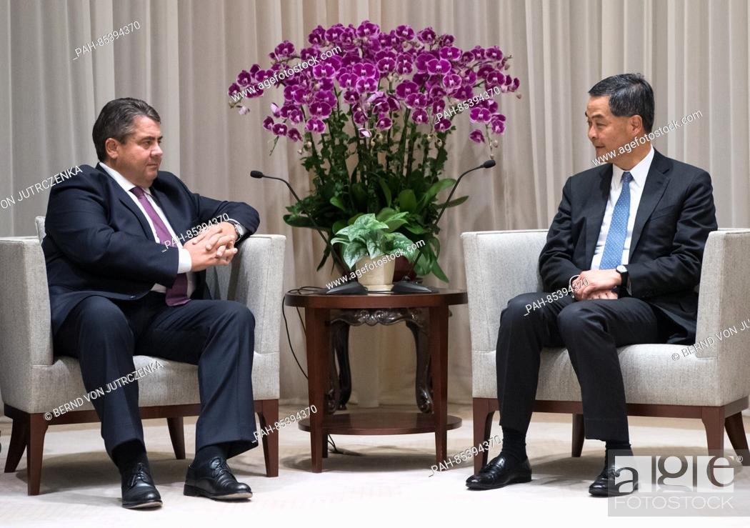 Stock Photo: German Minister of Economic Affairs Sigmar Gabriel (l, SPD) and Hongkong's Head of Government Leung Chun-Ying meeting during the Asia Pacific Conference of the.