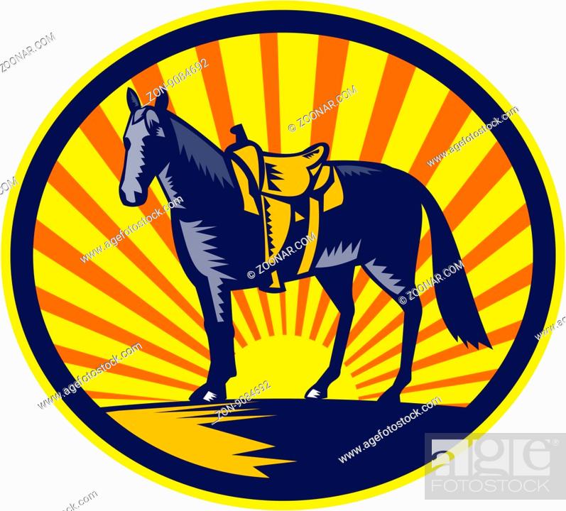 Photo de stock: Illustration of a riderless horse with old style western saddle on ranch fence set inside oval shape with sunburst in background done in retro woodcut style.