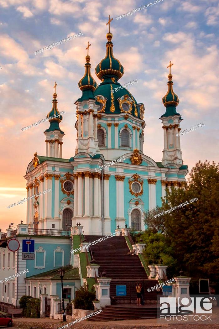 Stock Photo: St. Andrew's Church in Kiev at sunset.