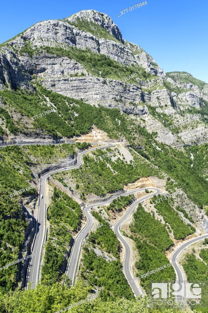 Stock Photo: The Rrapshe Serpentine on the SH 20 road between Rrapshe and Grabom in The Cem Valley, Kelmend in Northern Albania, just below the border with Montinegro.