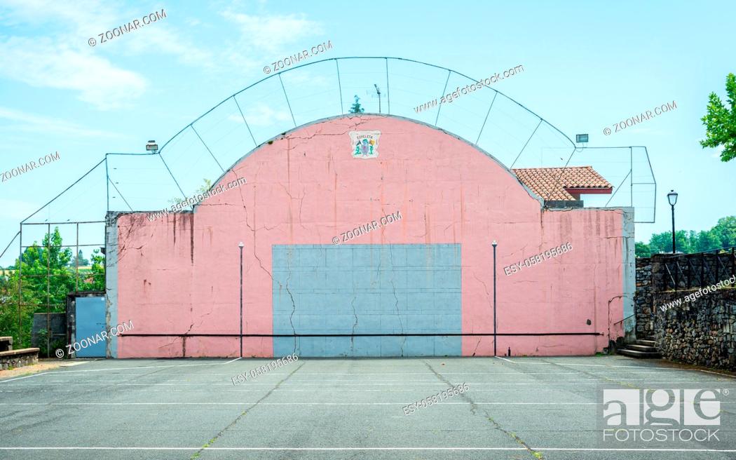 Stock Photo: Basque pelota wall and court in Espelette, France.