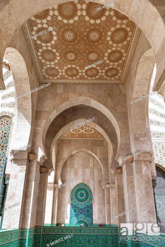 Stock Photo: Ornamented portico, Hassan II Mosque, Grande Mosquée Hassan II, Moorish Architecture, Casablanca, Morocco.