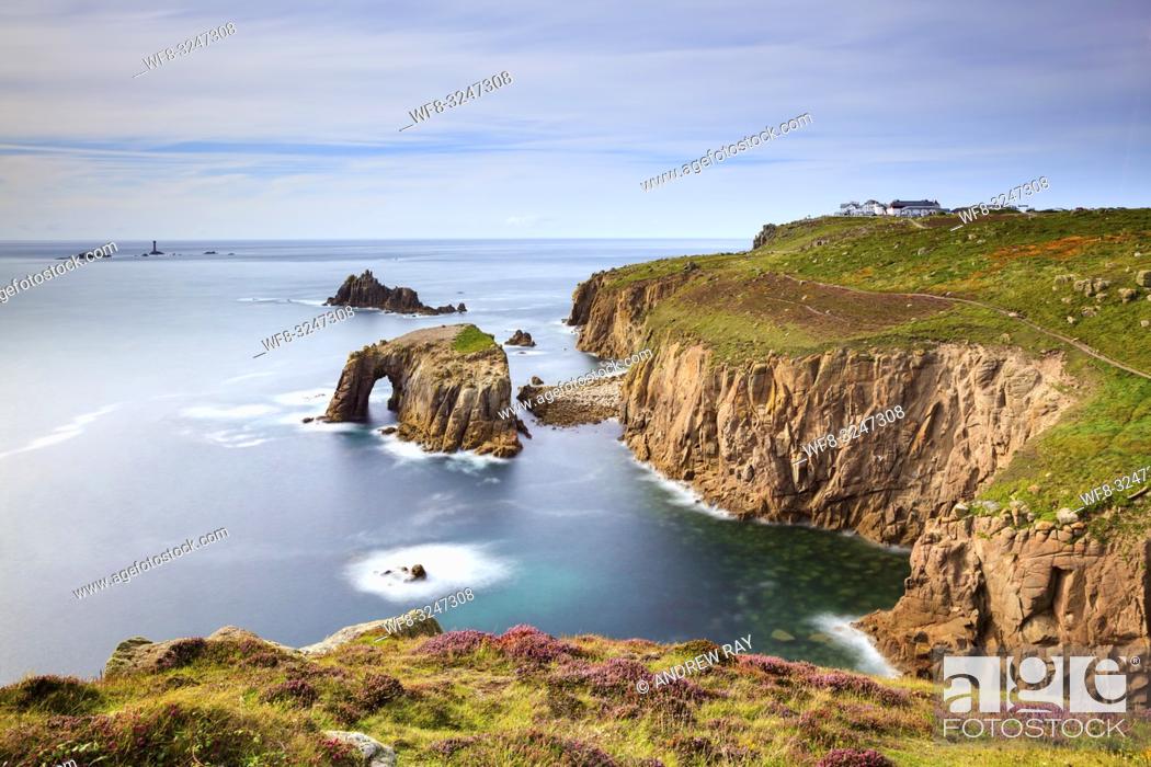 Stock Photo: The Enys Dodman natural sea arch near Land's End in Cornwall. , captured from Pordenack Point.