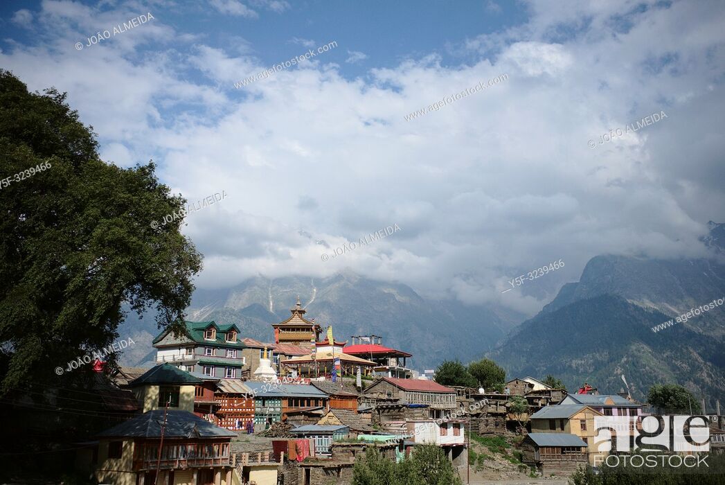Stock Photo: View of the village of Kalpa, with the Kinnaur Kailash mountain range further away.