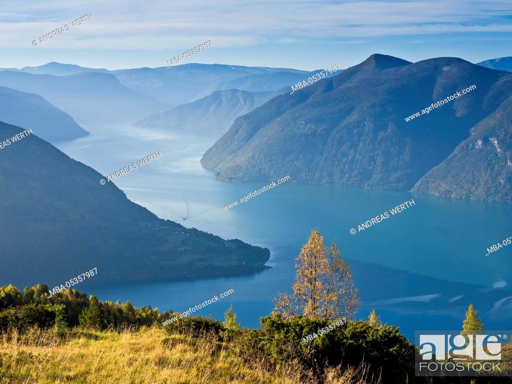 Stock Photo: View from mount Molden, over the Lustrafjord, inner branch of Sognefjord, tongue of land of Urnes, Norways oldest stave church, Mount Molden, Lustrafjord.