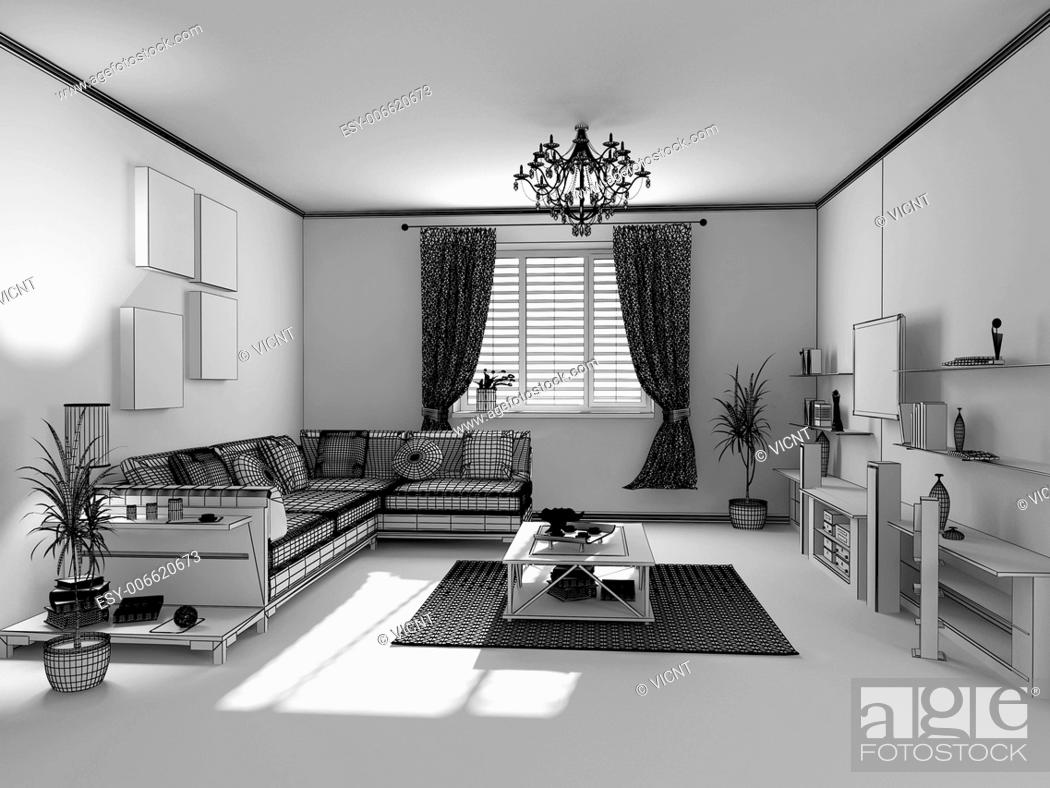 Stock Photo: the modern interior sketch (wireframe rendering).
