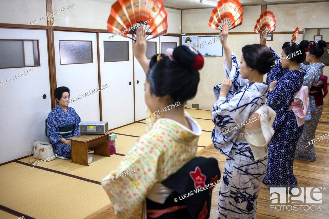 Stock Photo: Geishas and 'maikos' geisha apprentice in dance class  Geisha schoolKaburenjo of Miyagawacho Kyoto Kansai, Japan.