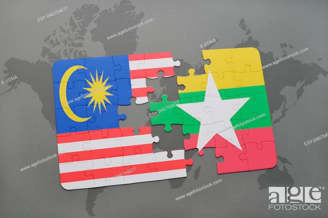 Stock Photo: puzzle with the national flag of malaysia and myanmar on a world map background. 3D illustration.