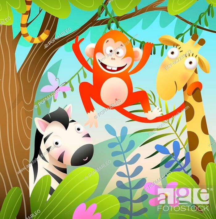 Funny wild animals group in Jungle landscape, giraffe zebra and monkey cute  animals cartoon for kids..., Stock Vector, Vector And Low Budget Royalty  Free Image. Pic. ESY-062239472 | agefotostock