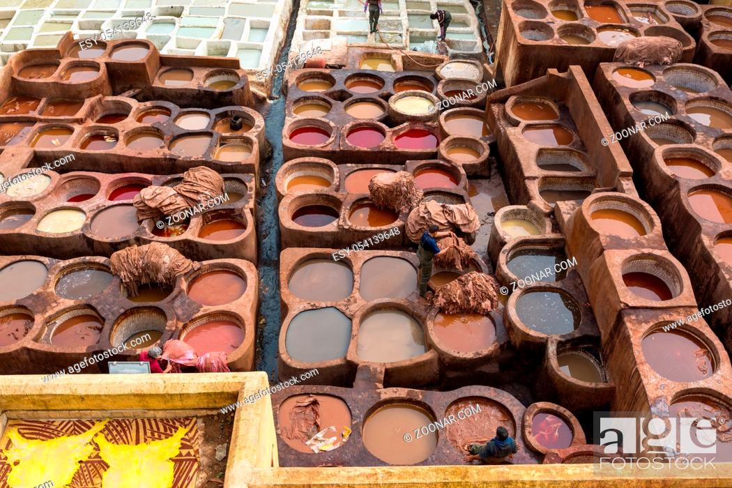 Stock Photo: Tanneries of Fes, Morocco, Africa. Old tanks with color paint for leather.