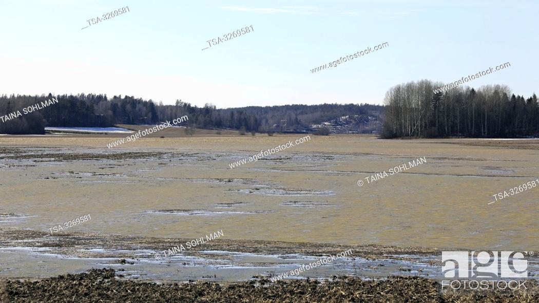 Photo de stock: Tuohittu, Salo, Finland. March 24, 2019. Spring flooding of Muurlanjoki river onto fields in Tuohittu, Southwest of Finland.