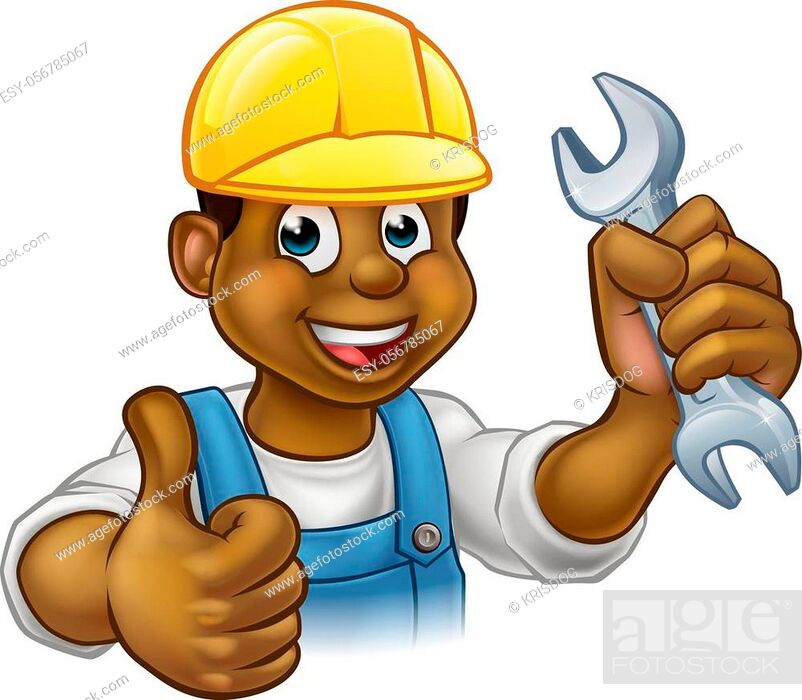 Black mechanic or plumber handyman cartoon character holding a spanner and  giving a thumbs up, Stock Vector, Vector And Low Budget Royalty Free Image.  Pic. ESY-056785067 | agefotostock