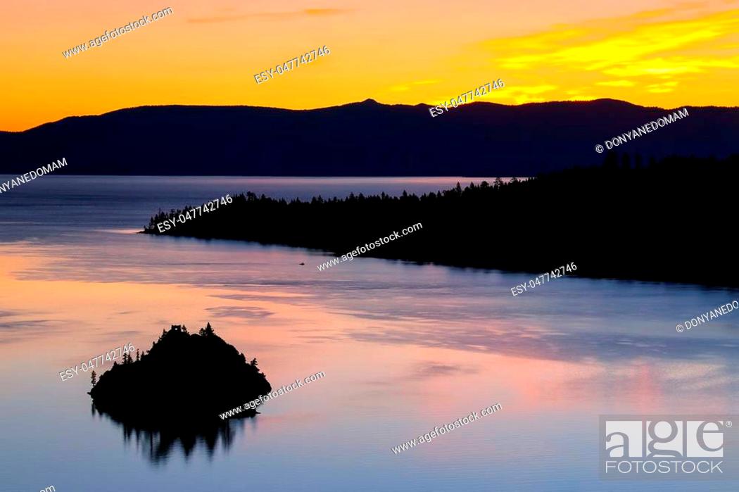 Stock Photo: Sunrise over Emerald Bay at Lake Tahoe, California, USA. Lake Tahoe is the largest alpine lake in North America.