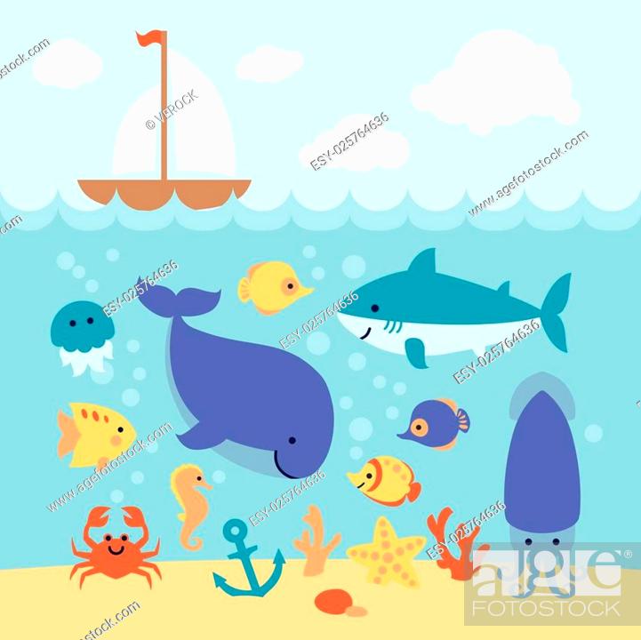 Cute cartoon sea animals swimming under the sea and boat on the waves,  Stock Vector, Vector And Low Budget Royalty Free Image. Pic. ESY-025764636  | agefotostock