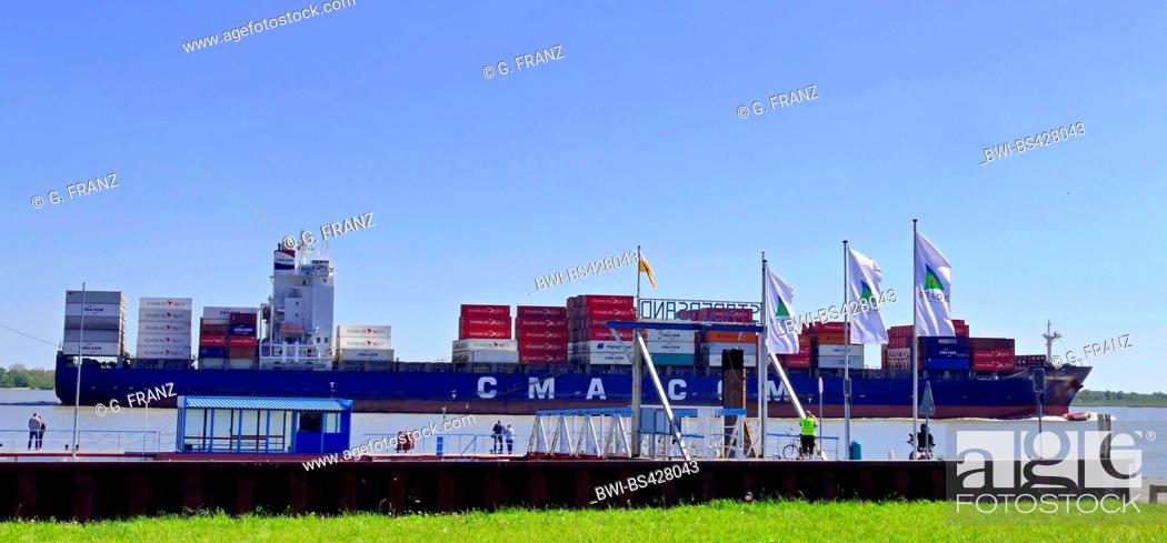 Stock Photo: container ship CMA CGM Sambhar on Lower Elbe near Stadersand, Germany, Lower Saxony, Stade.
