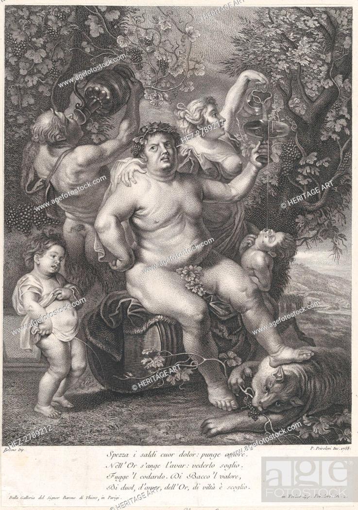 Stock Photo: Bacchus seated on a barrel in front of grapevines, with bacchantes, satyrs, and children s.., 1758. Creator: Pietro Peiroleri.